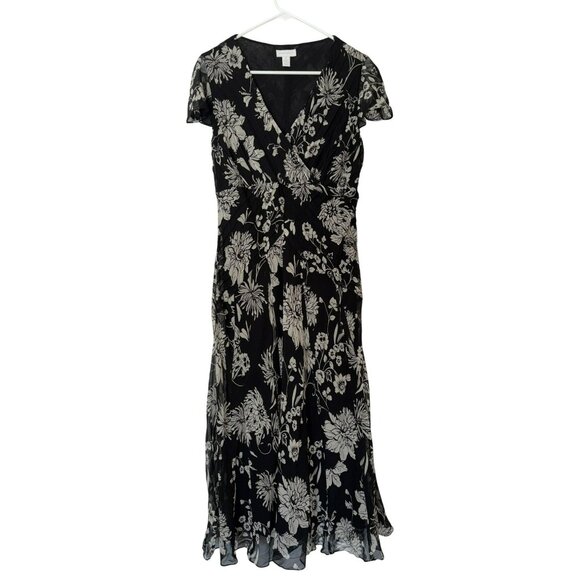 Charter Club Black & White Floral Silk Dress V-Neck Short Sleeve Size 10 - Picture 1 of 8